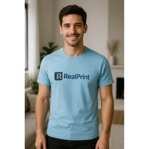 Tricou bărbați personalizat albastru deschis cu logo iRealPrint – stil fresh și branding vizibil
