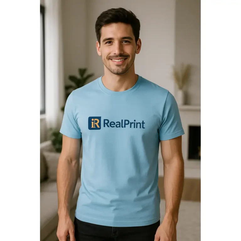 Tricou bărbați personalizat albastru deschis cu logo iRealPrint – stil fresh și branding vizibil