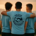 Tricou bărbați personalizat albastru deschis cu mesaj Frăție și Apartenență – simbol vizual de unitate masculină