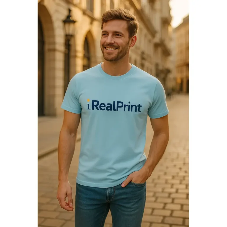 Tricou bărbați personalizat albastru deschis cu logo iRealPrint – outfit casual urban, vibe pozitiv și modern