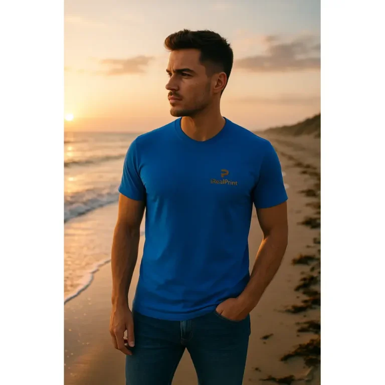 Tricou bărbați personalizat albastru – look premium pe plajă la apus, stil autentic iRealPrint cu logo aplicat