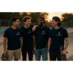 Tricou bărbați personalizat albastru navy – grup de prieteni la skatepark, purtând tricouri navy cu logo auriu iRealPrint, simbol de apartenență și energie masculină