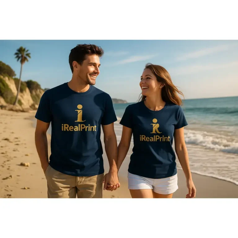 Tricou bărbați personalizat albastru navy – cuplu pe plajă purtând tricouri navy cu logo auriu iRealPrint, simbol al eleganței și apartenenței vizuale