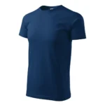 Tricou bărbați personalizat albastru nocturn – vedere laterală, fundal sobru pentru branding clar și impact vizual premium