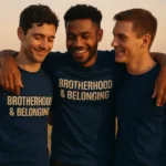 Tricou bărbați personalizat albastru nocturn – mesaj Brotherhood & Belonging, unitate masculină și stil autentic de frăție