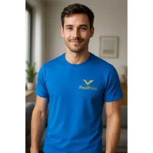 Tricou bărbați albastru personalizat cu logo auriu iRealPrint – bumbac premium, față, stil modern
