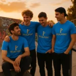 Tricou bărbați albastru personalizat iRealPrint – grup prieteni, lifestyle urban, mesaj vizual puternic