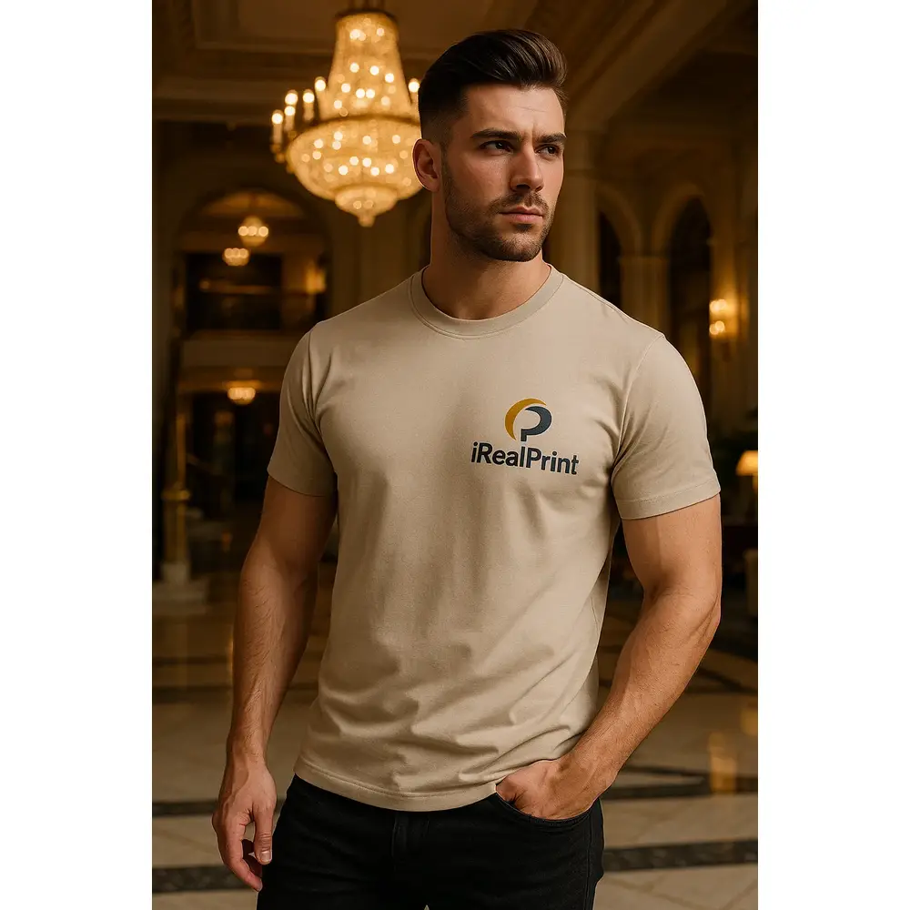 tricou-barbati-gri-ice-fratie-grup-barbati Tricou bărbați gri ice personalizat iRealPrint – model premium purtat într-un cadru elegant, iluminat de candelabre, look masculin rafinat