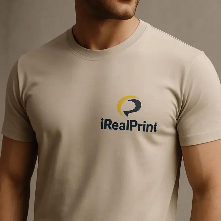 Tricou bărbați gri ice personalizat iRealPrint – close-up modern, design minimalist cu logo aplicat prin transfer termic