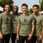 Tricouri bărbați kaki deschis personalizate – grup de prieteni, stil natural, logo iRealPrint vizibil și mesaj autentic