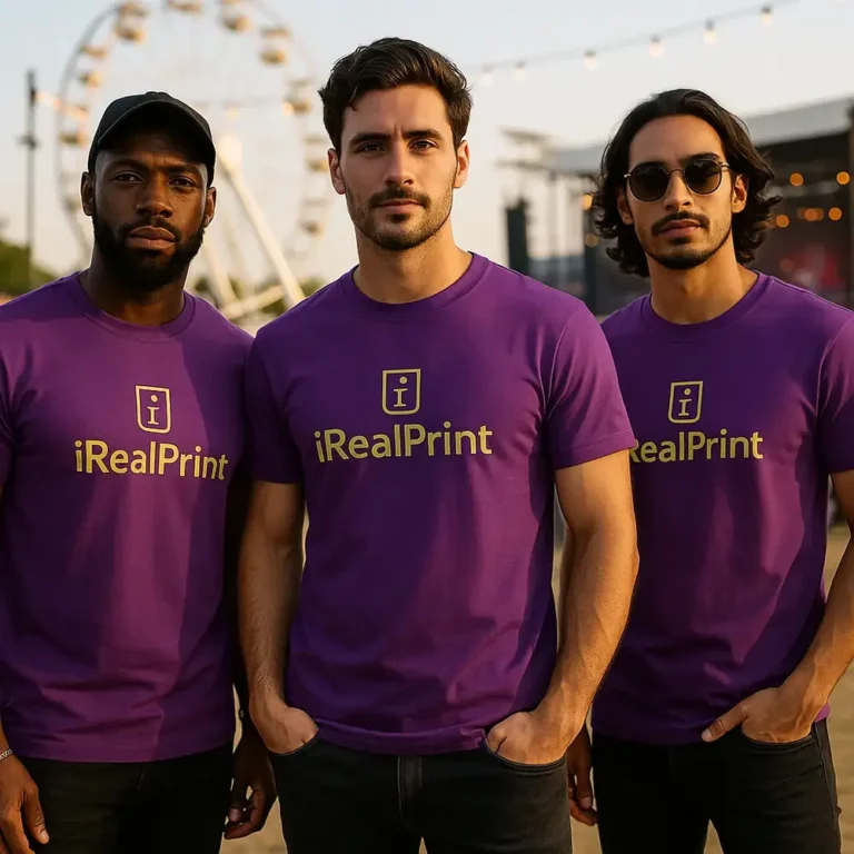 Tricouri bărbați personalizate mov – grup masculin, logo iRealPrint auriu, stil premium și identitate vizuală distinctă