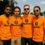 Tricouri personalizate bărbați orange – energie vizuală și unitate masculină, grup de prieteni cu logo iRealPrint la eveniment outdoor