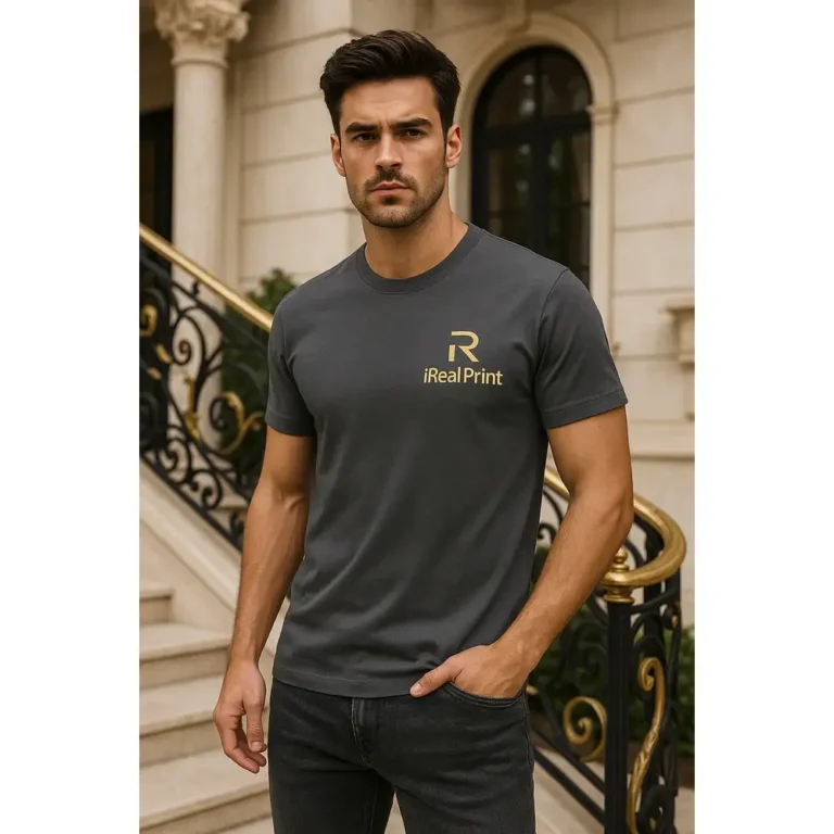 Tricou bărbați personalizat gri metalic cu logo auriu iRealPrint – eleganță urbană, stil industrial și prezență masculină puternică
