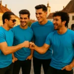 Tricouri bărbați turcoaz personalizate – grup de prieteni, outfit urban casual, vibe relaxat și modern