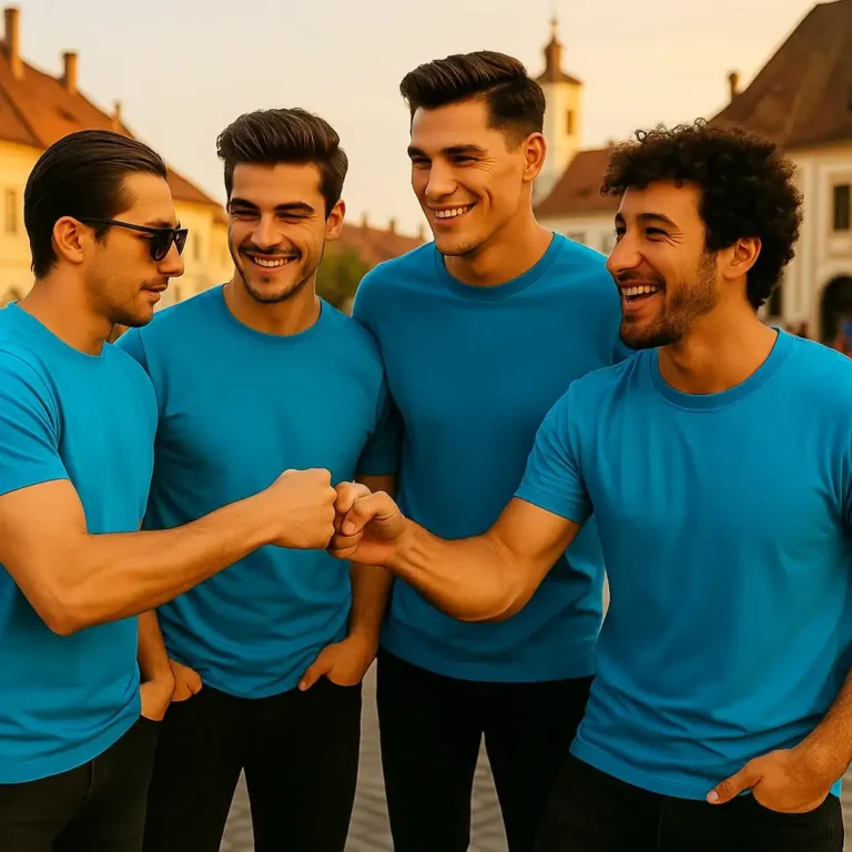 Tricouri bărbați turcoaz personalizate – grup de prieteni, outfit urban casual, vibe relaxat și modern