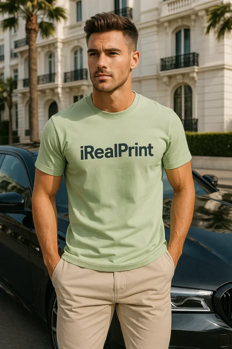 Tricou bărbați verde iarbă personalizat – look urban premium cu logo iRealPrint, energie naturală și atitudine fresh