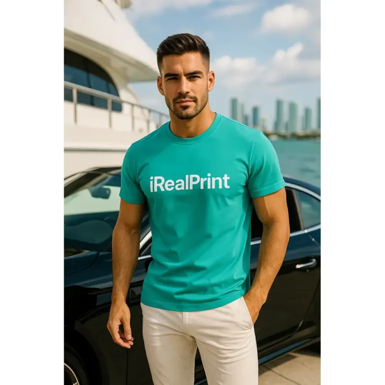 Tricou bărbați verde smarald personalizat iRealPrint – look premium, lifestyle urban lângă yacht și mașină de lux
