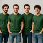 Tricou bărbați personalizat verde sticlă – grup masculin modern, prietenie și stil urban la perete deschis