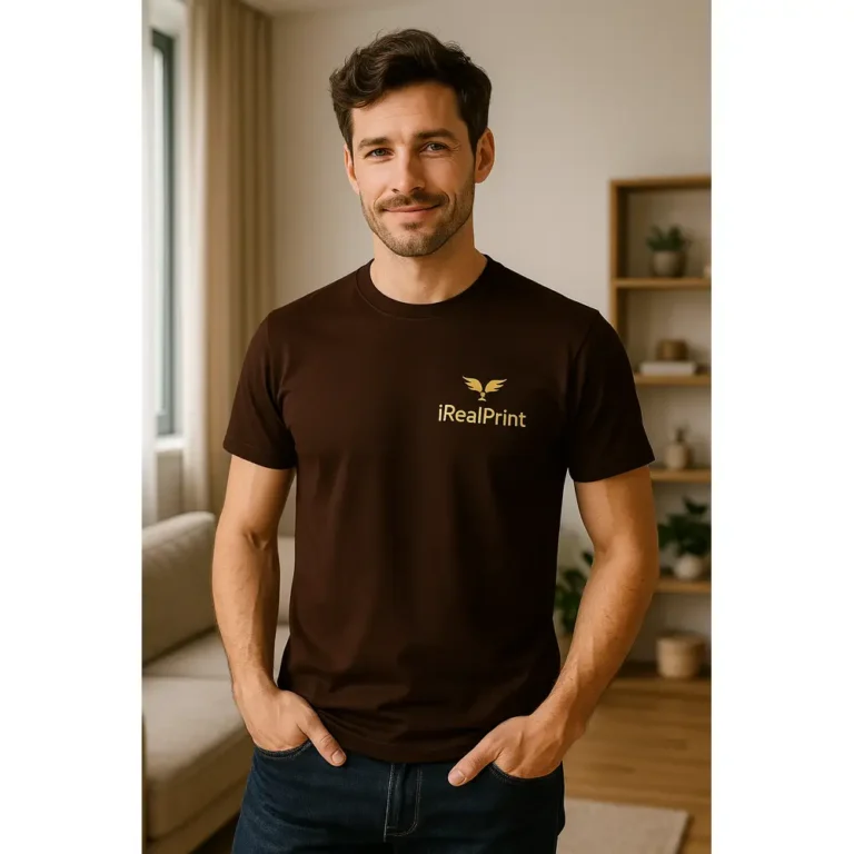 Tricou bărbați personalizat culoare cafea cu logo iRealPrint auriu, stil elegant și autentic, purtat într-un cadru modern.