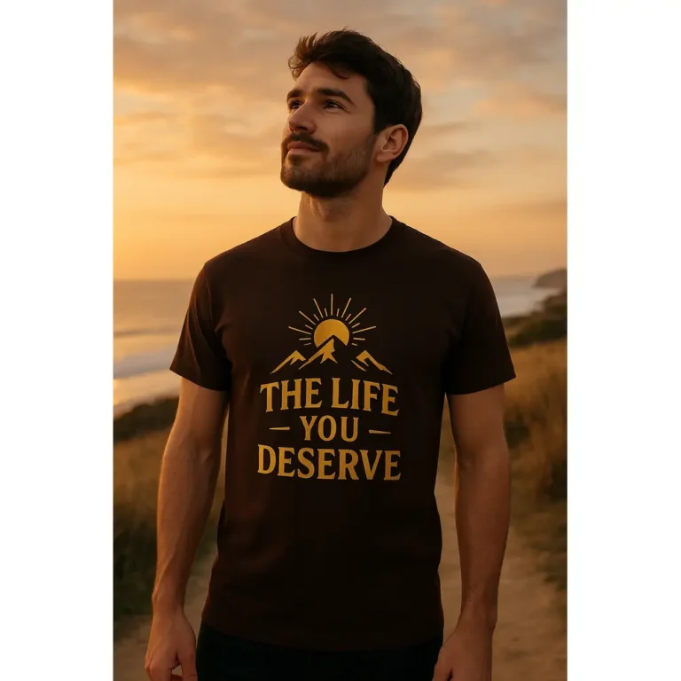 Tricou bărbați personalizat culoare cafea cu mesaj imprimat auriu, purtat la apus – stil matur, rafinat și autentic.