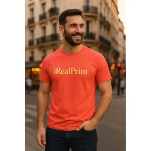 Tricou bărbați coral personalizat iRealPrint – design urban premium, culoare vibrantă cu impact vizual maxim și stil modern