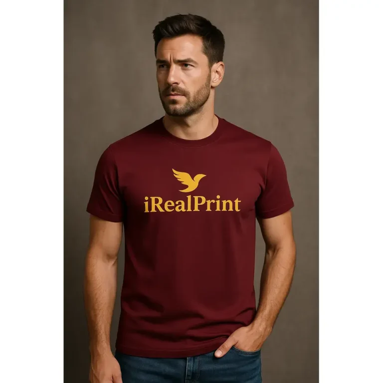 Tricou bărbați personalizat garnet cu logo iRealPrint auriu central – eleganță intensă și mesaj premium