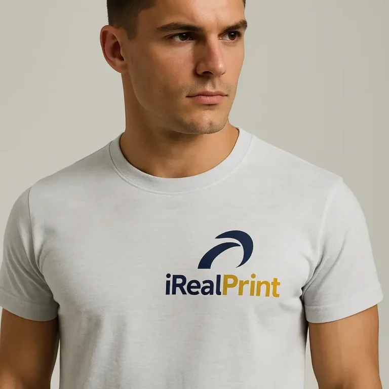 Tricou personalizat bărbați gri deschis cu logo iRealPrint – close-up modern, mesaj clar și design premium