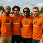 Tricou bărbați portocaliu personalizat – grup de prieteni, energie pozitivă, stil modern și vizibilitate puternică la evenimente outdoor