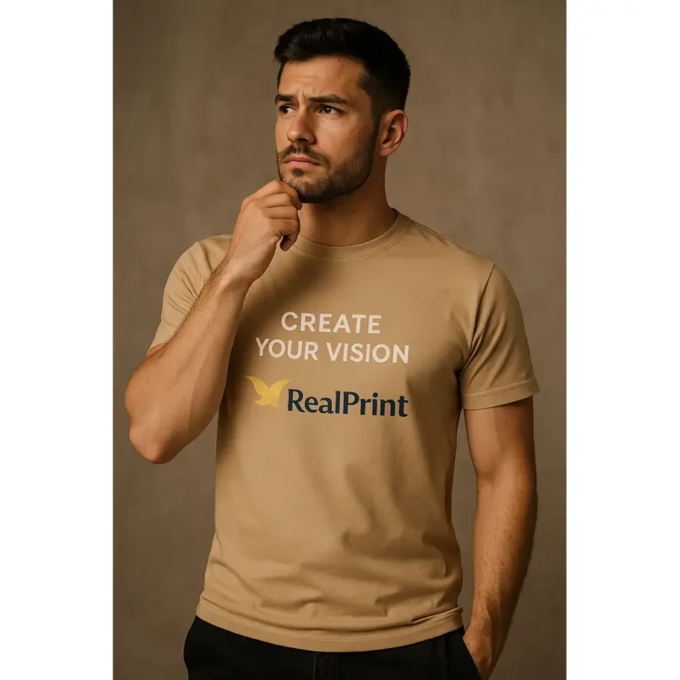 Tricou bărbați personalizat crem premium – model modern, minimalism masculin și impact vizual clar cu mesaj imprimat RealPrint
