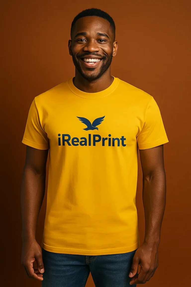 Tricou bărbați personalizat galben cu logo iRealPrint central – energie vibrantă și impact vizual puternic