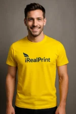 Tricou bărbați personalizat galben cu logo iRealPrint și zâmbet – stil vibrant și modern