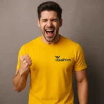 Tricou bărbați personalizat galben – logo iRealPrint pe piept, energie și atitudine puternică