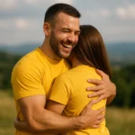 Tricou bărbați personalizat galben – moment de iubire și îmbrățișare caldă în aer liber