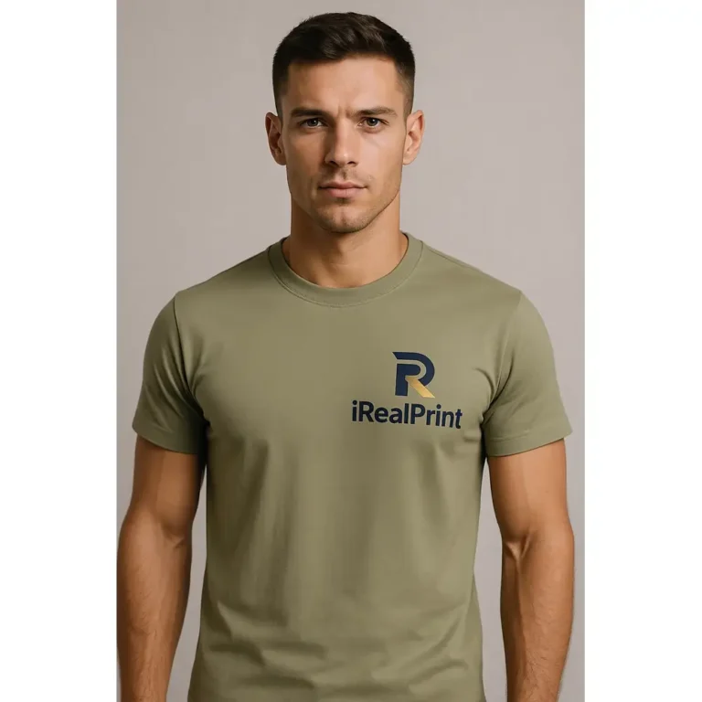Tricou bărbați personalizat kaki deschis – detaliu frontal cu logo iRealPrint, stil autentic și mesaj clar