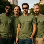 Tricouri bărbați kaki personalizate – grup de prieteni, stil urban, echilibru și apartenență masculină