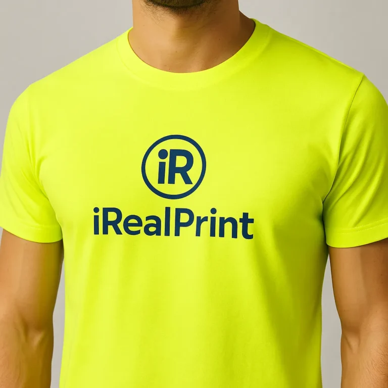 Tricou bărbați personalizat lime – detaliu frontal cu logo iRealPrint albastru, culoare vibrantă și impact vizual exploziv