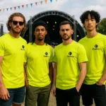 Tricouri bărbați lime personalizate – grup de prieteni la festival, culoare vibrantă și energie vizuală explozivă