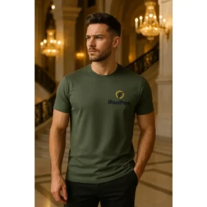 Tricou personalizat bărbați gri ardezie – logo iRealPrint vizibil, stil masculin premium, eleganță și impact vizual puternic