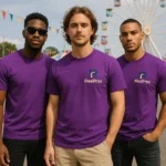Tricouri bărbați personalizate mov – grup masculin urban, logo iRealPrint și impact vizual puternic