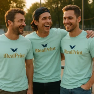Tricou bărbați personalizat frost – vibe urban premium, mesaj clar iRealPrint și eleganță relaxată în grup masculin
