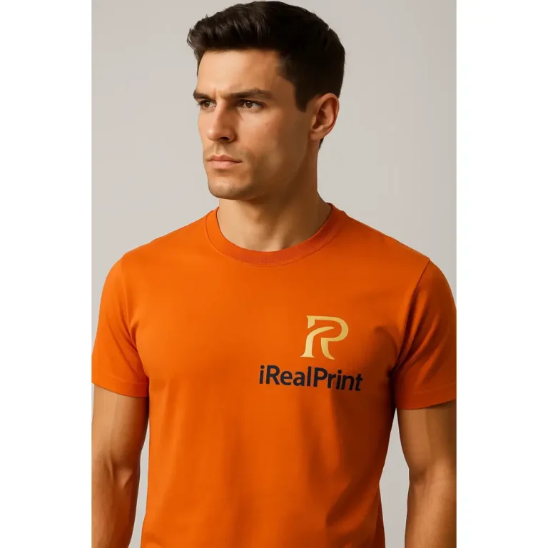 Tricou portocaliu bărbați personalizat iRealPrint – model cu logo aplicat pe față, stil modern