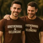 Tricouri bărbați personalizate ciocolată – mesaj Brotherhood & Belonging, stil masculin autentic și apartenență vizuală puternică