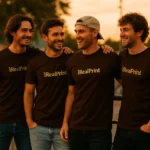 Grup de bărbați purtând tricouri personalizate culoare cafea cu logo iRealPrint auriu, exprimând fraternitate, stil autentic și apartenență premium.