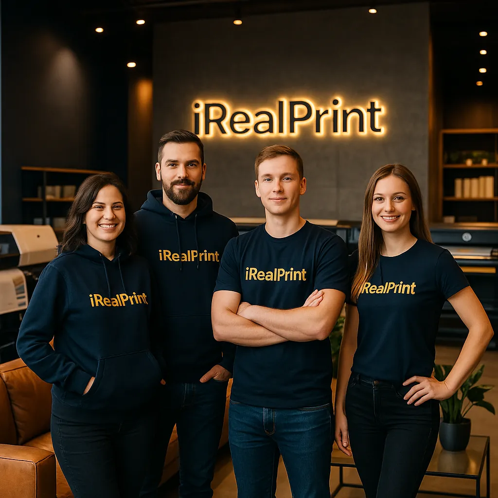 Echipa iRealPrint – specialiști în producție publicitară și personalizare textile, prezentare premium în showroom Sibiu