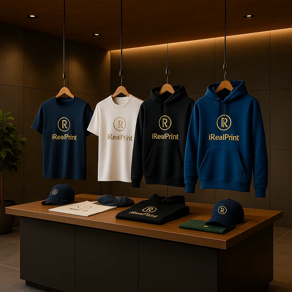 Showroom iRealPrint cu tricouri, hanorace și șepci personalizate prin transfer termic – calitate premium și varietate de culori