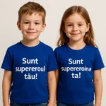 tricou copii personalizat albastru regal – set frate și soră, mesaj “Sunt supereroul tău” și “Sunt supereroina ta”, imprimeu clar și culoare intensă