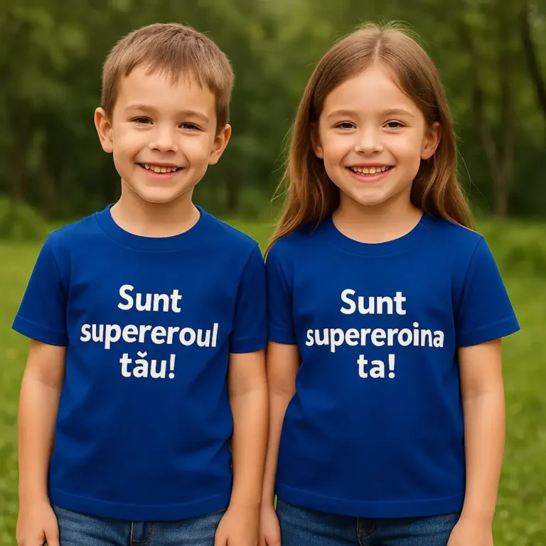 tricou copii personalizat albastru regal – frate și soră purtând tricouri cu mesaje “Sunt supereroul tău” și “Sunt supereroina ta”, fundal natural verde