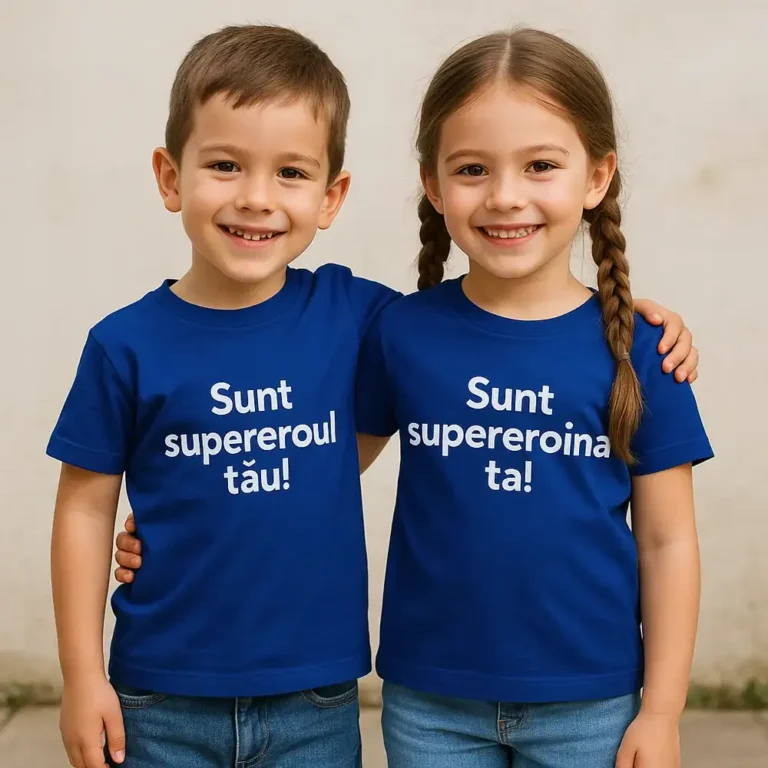 tricou copii personalizat albastru regal – frate și soră zâmbind, purtând mesaje “Sunt supereroul tău” și “Sunt supereroina ta”, look curat și elegant