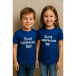 tricou copii personalizat albastru regal – frate și soră cu mesaje “Sunt supereroul tău” și “Sunt supereroina ta”, look elegant și natural