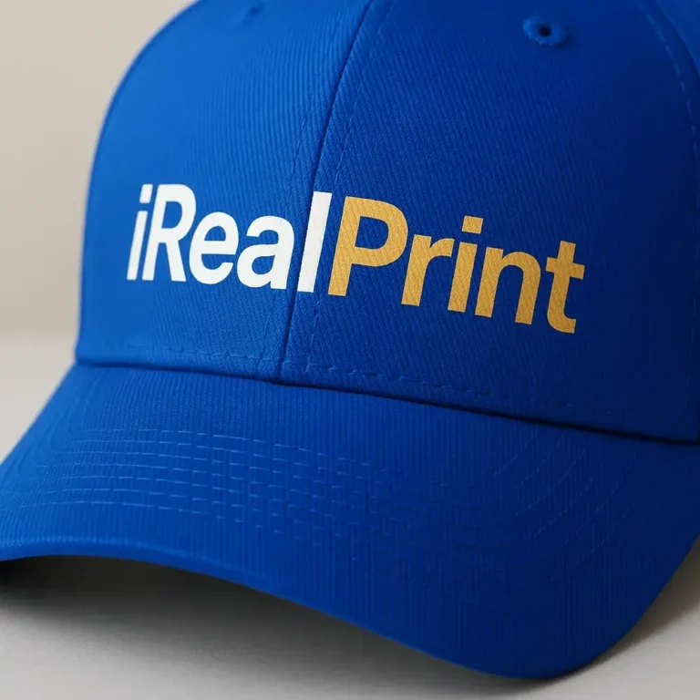 Șapcă albastru regal personalizată cu nume – detaliu text alb-auriu clar pe material premium, personalizare elegantă și durabilă
